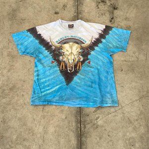 Vintage 90s Harley Davidson Aztec cow Tie dye tee